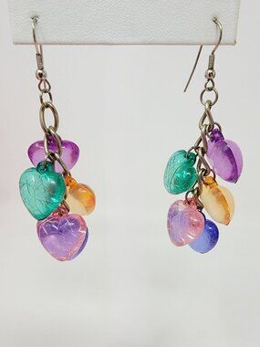 Vintage 80s Colorful Crackle Heart Dangle Earrings Multicolor